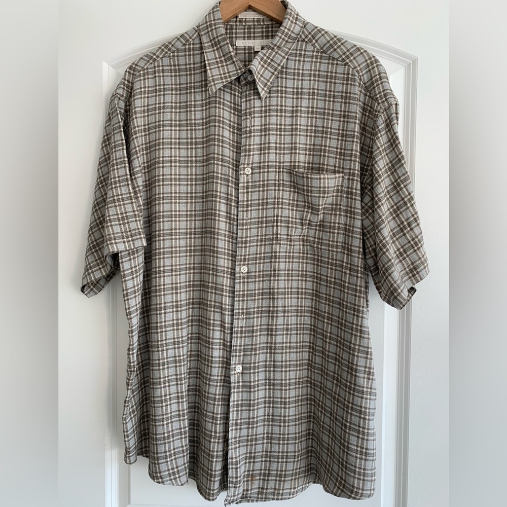Perry Ellis Cotton Olive Green/Tan Plaid Short Sleeve Shirt - XL